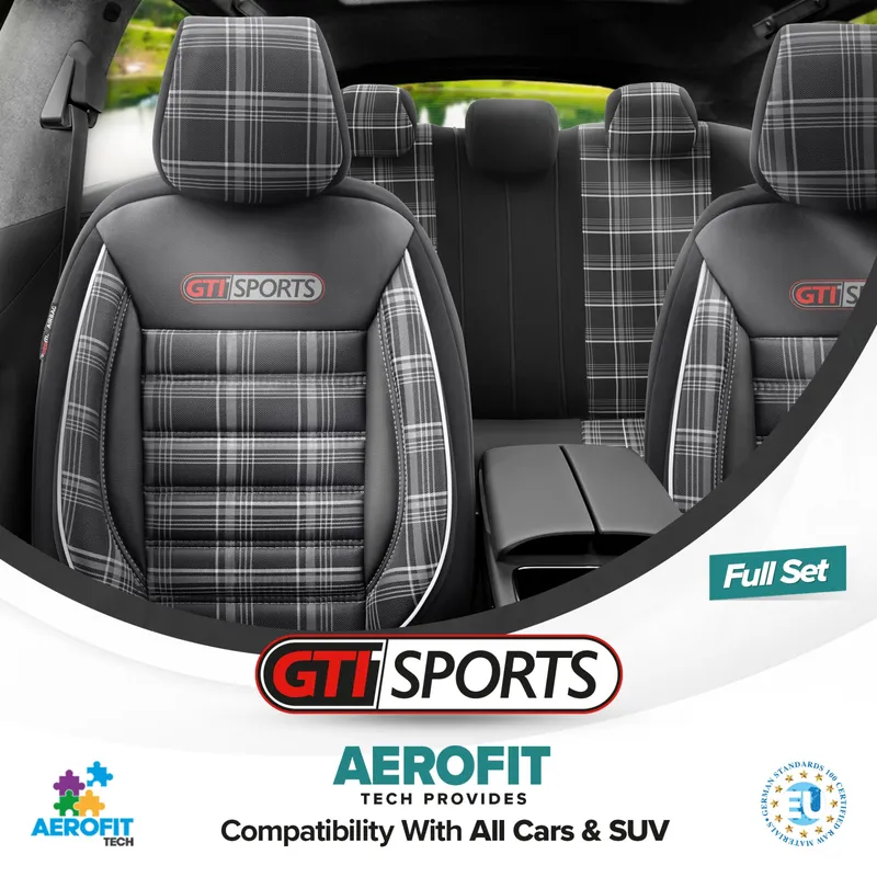 Комплект Луксозна Тапицерия OTOM текстил с еко кожа GTI SPORTS Design – Черна с бял шев, за Предни и Задни Седалки - 2