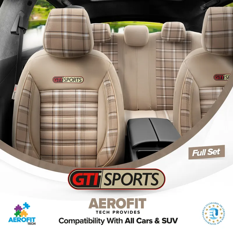 Комплект Луксозна Тапицерия OTOM текстил с еко кожа GTI SPORTS Design – Бежова с бежов шев, за Предни и Задни Седалки - 2