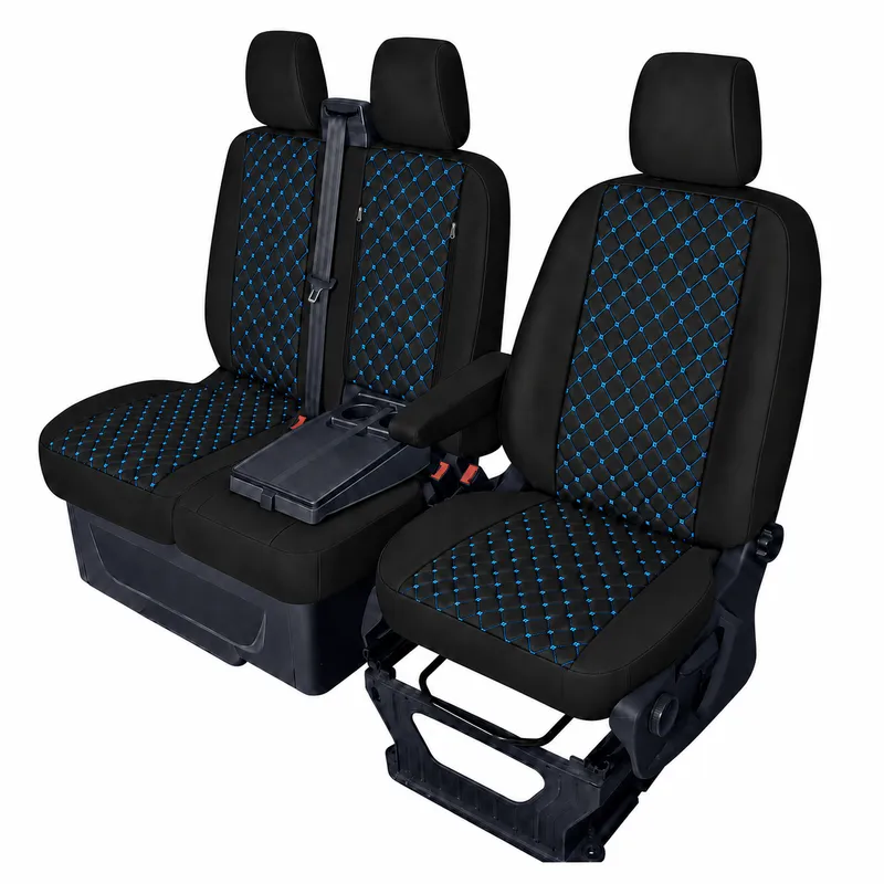 Комплект 2+1 Тапицерия за FORD TRANSIT CUSTOM 2009+ – Еко кожа, Черна със син шев, 8 части - 2