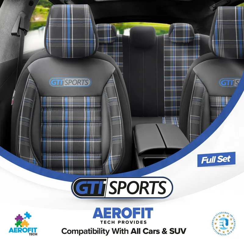 Комплект Луксозна Тапицерия OTOM текстил с еко кожа GTI SPORTS Design – Черна със син шев, за Предни и Задни Седалки - 2
