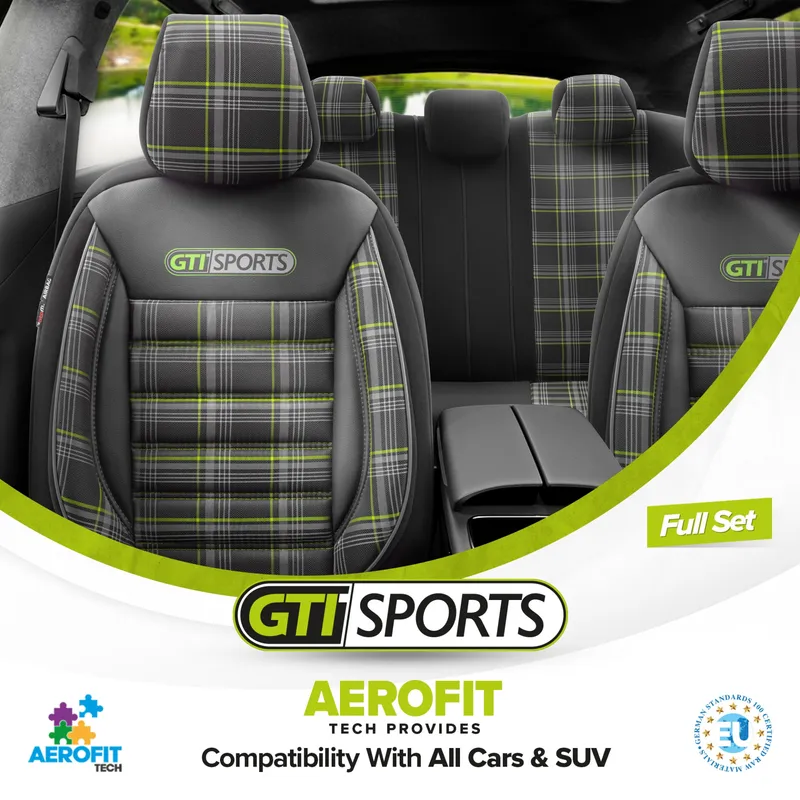 Комплект Луксозна Тапицерия OTOM текстил с еко кожа GTI SPORTS Design – Черна със зелен шев, за Предни и Задни Седалки - 2