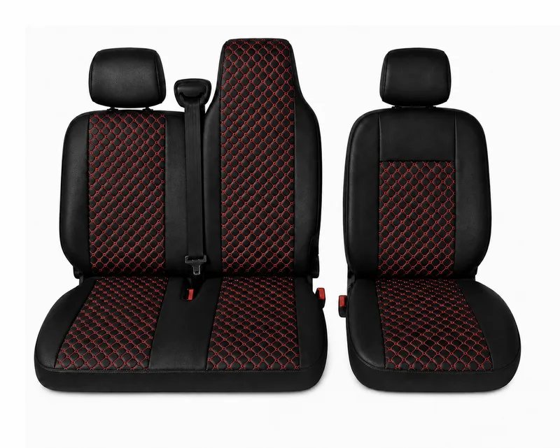 Комплект 2+1 Тапицерия за RENAULT MASTER III 2010-2019 – Еко кожа, Черна с червен шев, 6 части - 2