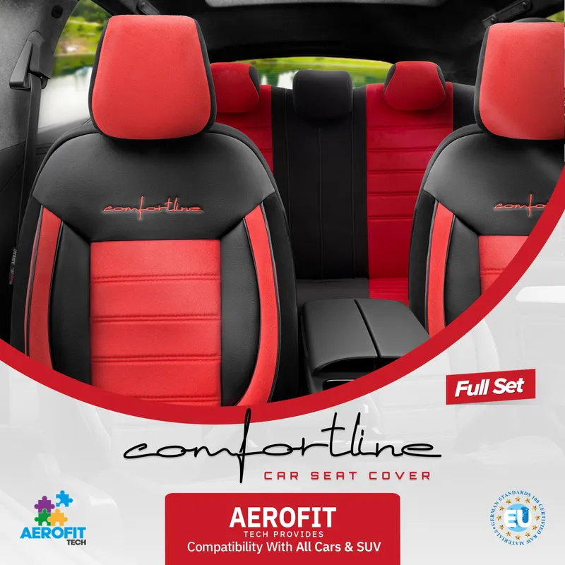 Комплект Луксозна Тапицерия OTOM текстил с еко кожа COMFORT LINE Design – Червено-Черна с червен шев, за Предни и Задни Седалки - 2