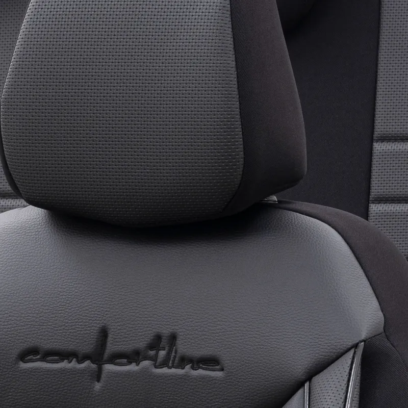 Комплект Луксозна Тапицерия OTOM текстил с еко кожа COMFORT LINE Design – Черна с черен шев, за Предни и Задни Седалки - 2