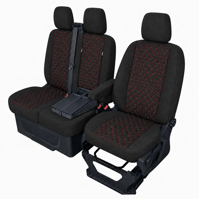 Комплект 2+1 Тапицерия за FORD TRANSIT CUSTOM 2009+ – Текстил, Черна с червен шев, 8 части - 2