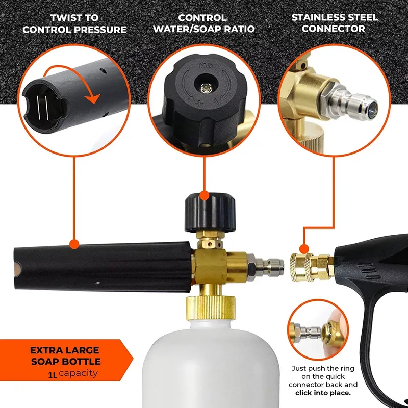Професионална пянообразуваща дюза 1 л за водоструйка, Foam Cannon, Quick Connect 1/4 - регулиране на струята и концентрацията на пяната, 5 дюзи в комплекта - 2