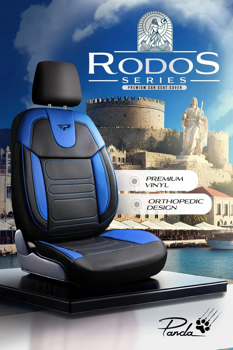 Комплект луксозна универсална тапицерия PANDA RODOS – Еко кожа, Черно/Синьо, За предни и задни седалки - 3