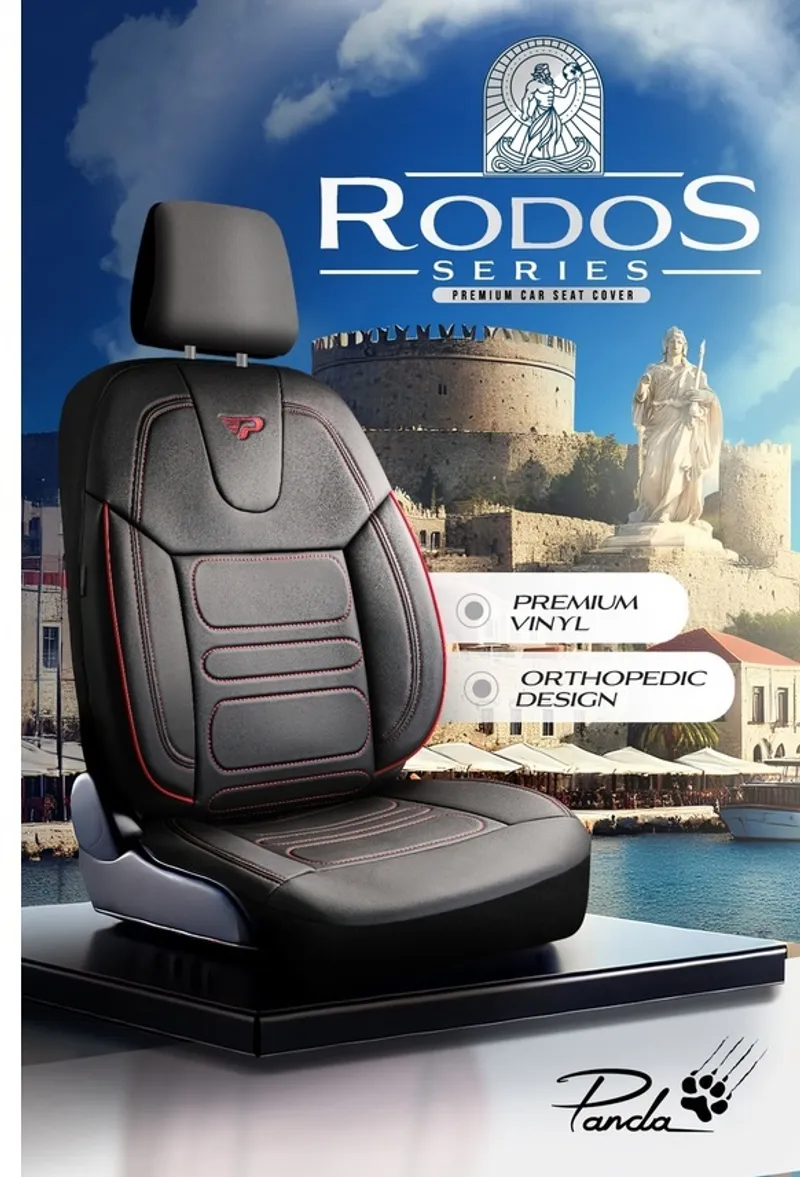 Комплект луксозна универсална тапицерия PANDA RODOS – Еко кожа, Черно/Червено, За предни и задни седалки - 3
