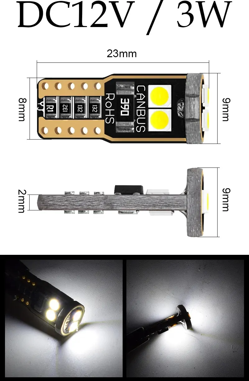 Комплект от 2 броя T10 Led крушки 6 SMD светодиода 3W Canbus 12V бяла светлина 6000K в блистер - 3