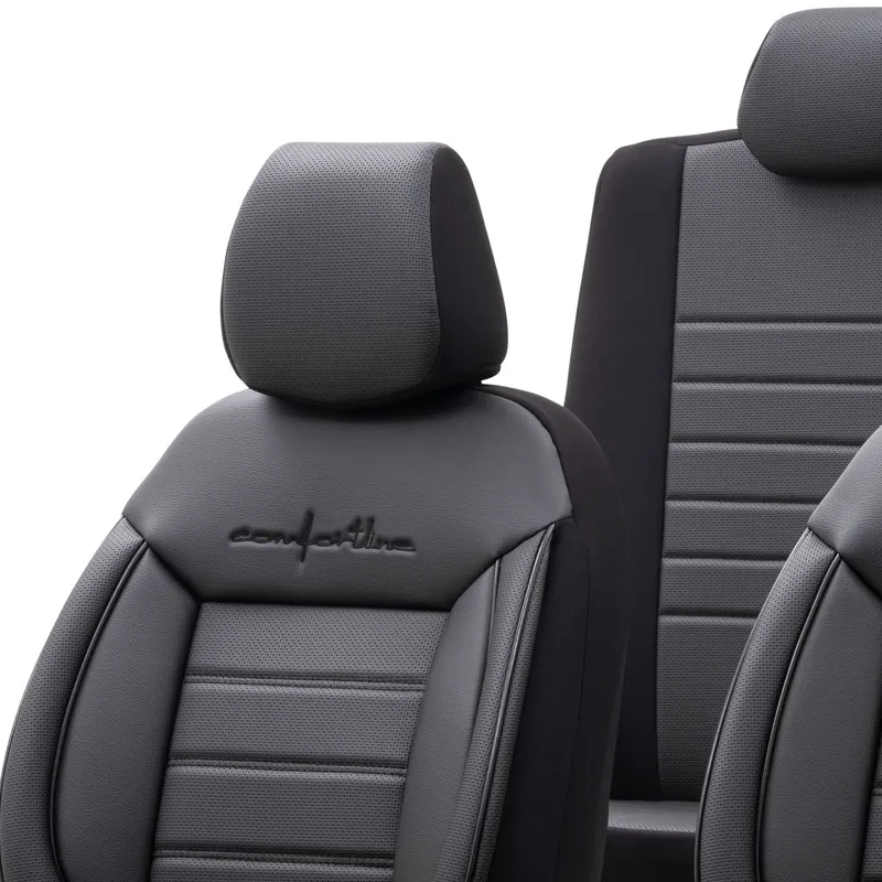 Комплект Луксозна Тапицерия OTOM текстил с еко кожа COMFORT LINE Design – Черна с черен шев, за Предни и Задни Седалки - 3