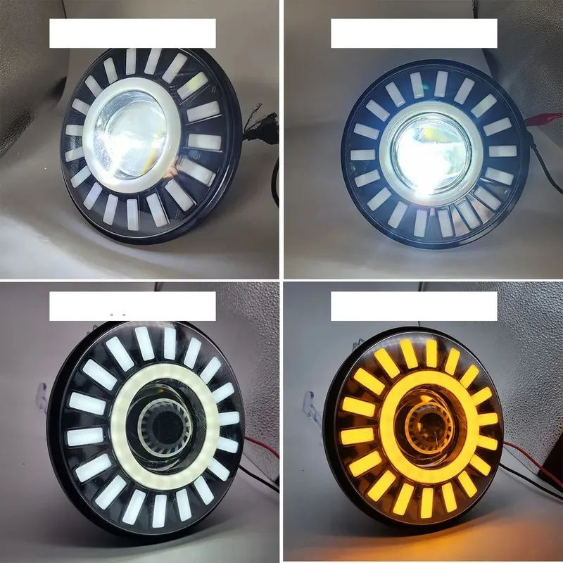 Комплект от 2бр. Универсален 7 инча 18см ЛЕД LED фар лампа халоген 12V-24V къси/дълги с DRL дневни светлини мигач бяло-жълто за АТВ джип мотоциклет камион трактор и др. - 3