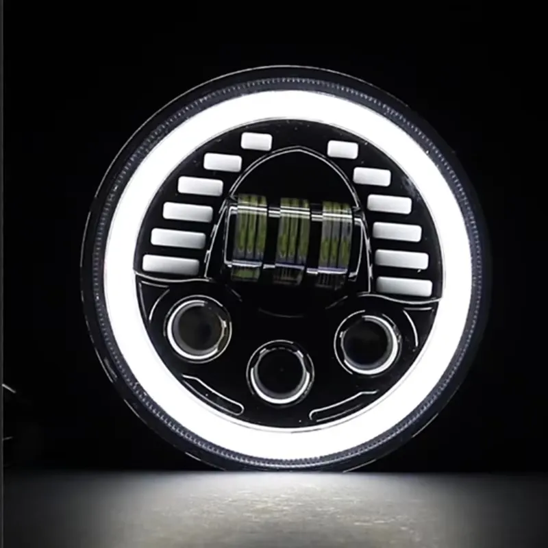 Универсален 7 инча 18см ЛЕД LED фар лампа халоген 12V-24V къси/дълги с DRL дневни светлини мигач бяло-жълто 7000lm за АТВ джип мотоциклет камион трактор и др. - 3