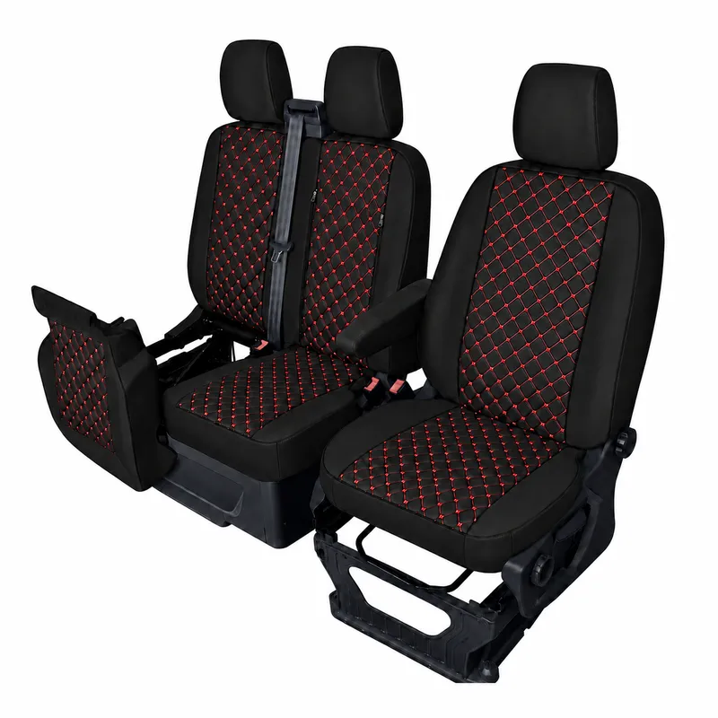 Комплект 2+1 Тапицерия за FORD TRANSIT CUSTOM 2009+ – Еко кожа, Черна с червен шев, 8 части - 3