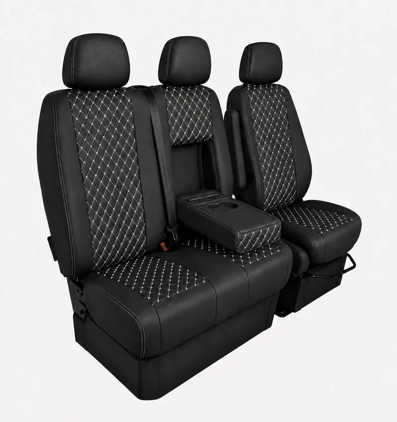 Комплект 2+1 Тапицерия за MERCEDES SPRINTER W906 2006-2018 – Еко кожа, Черна с бял шев, 8 части - 3