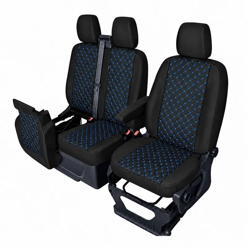 Комплект 2+1 Тапицерия за FORD TRANSIT CUSTOM 2009+ – Еко кожа, Черна със син шев, 8 части - 3