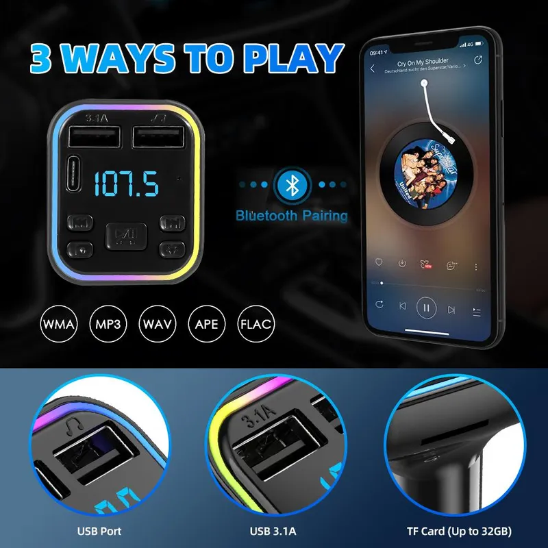 12-24V Автомобилен bluetooth 5.0 FM трансмитер зарядно телефон безжичен хендсфри MP3 модулатор плейър аудио приемник PD Type-C Dual USB 3.1A бързо зареждане - 3