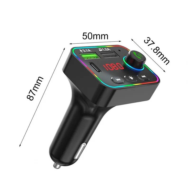 FM радио трансмитер зарядно телефон HZ-BT-F4, 87.5 MHz до 108.0 MHz Bluetooth 2x USB черен с подсветка 12V - 24V - 3