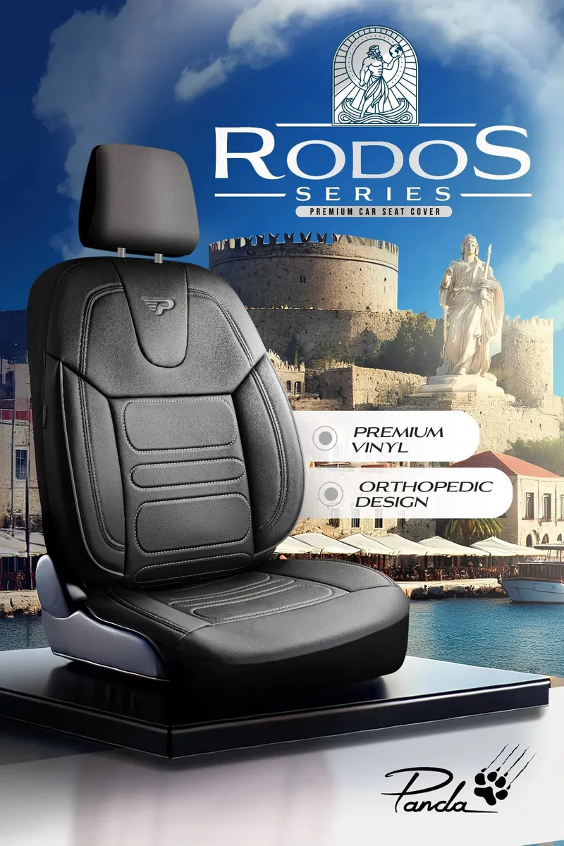 Комплект луксозна универсална тапицерия PANDA RODOS – Еко кожа, Черно/Сиво, За предни и задни седалки - 3