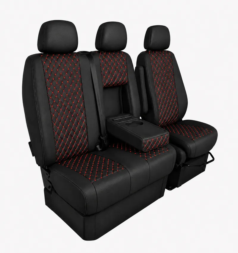Комплект 2+1 Тапицерия за MERCEDES SPRINTER W906 2006-2018 – Еко кожа, Черна с червен шев, 8 части - 3