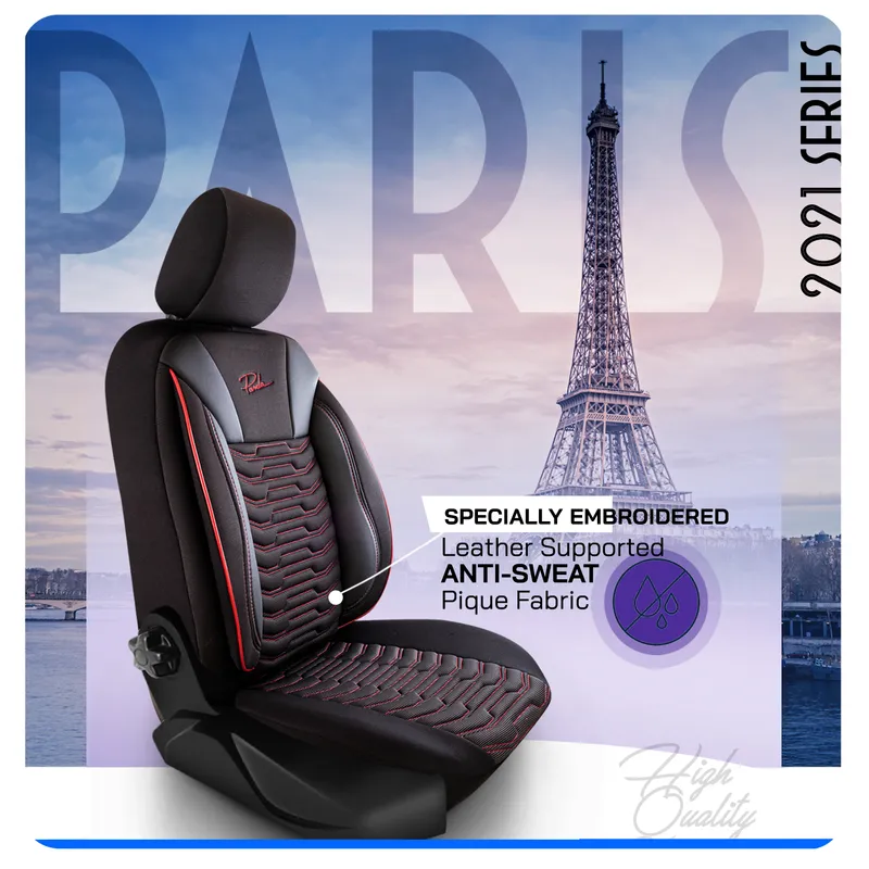 Комплект луксозна универсална тапицерия PANDA PARIS – Еко кожа и текстил, Черно/Червено, За предни и задни седалки - 3