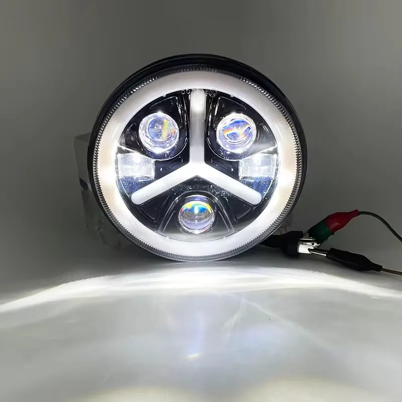 Комплект от 2бр. универсален 7 инча 18см ЛЕД LED фар лампа халоген 12V-24V къси/дълги с DRL дневни светлини мигач бяло-жълто 7000lm за АТВ джип мотоциклет камион трактор и др. - 3