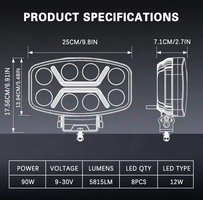 LED мощен диоден фар халоген лампа 12V-24V 90W бяло-жълто за АТВ джип камион трактор земеделски и селскостопански машини и др. - 3