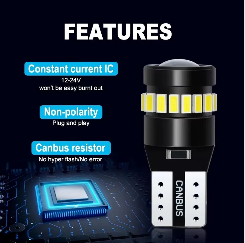 Комплект от 2 броя LED Лед Диодни Крушки За Габарит T10 W5W – 3030 + 3014 SMD, студено бяла светлина 6000K, 12–24V, CANBUS без грешки - 4