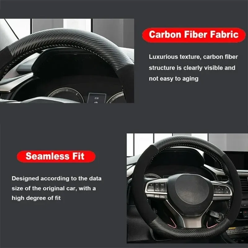 Калъф за волан скосен d-shape от еко кожа и набук универсален черен карбон за автомобил 37-38cm - 4