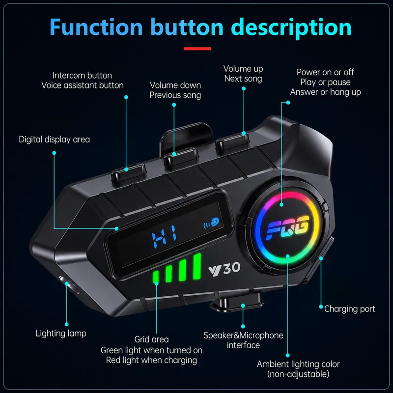 Комплект 2 бр. Интеркоми за каска Bluetooth 6.0, сдвояване помежду им, CVC + DSP шумопотискане, LED дисплей, IPX6, батерия 1000 mAh - 4