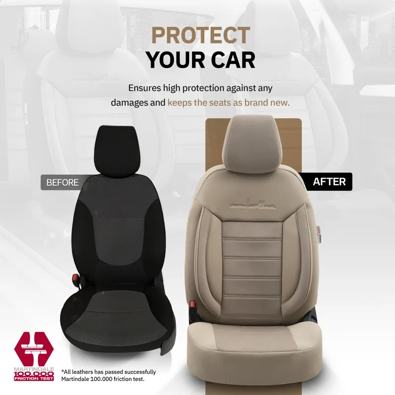 Комплект Луксозна Тапицерия OTOM текстил с еко кожа COMFORT LINE Design – Бежова с бежов шев, за Предни и Задни Седалки - 4