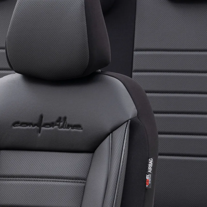 Комплект Луксозна Тапицерия OTOM текстил с еко кожа COMFORT LINE Design – Черна с черен шев, за Предни и Задни Седалки - 4