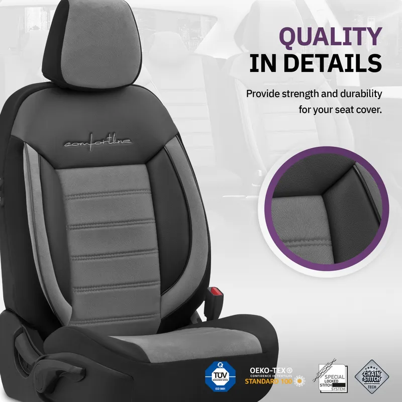 Комплект Луксозна Тапицерия OTOM текстил с еко кожа COMFORT LINE Design – Сиво-Черна със сив шев, за Предни и Задни Седалки - 4