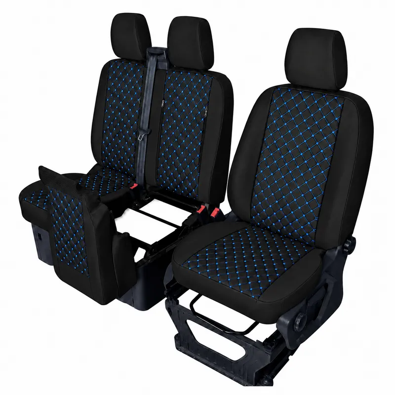 Комплект 2+1 Тапицерия за FORD TRANSIT CUSTOM 2009+ – Еко кожа, Черна със син шев, 8 части - 4