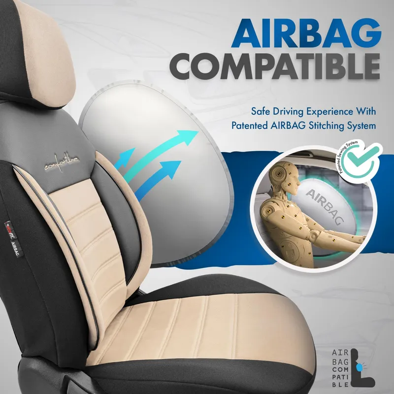 Комплект Луксозна Тапицерия OTOM текстил с еко кожа COMFORT LINE Design – Бежово-Черна с бежов шев, за Предни и Задни Седалки - 4