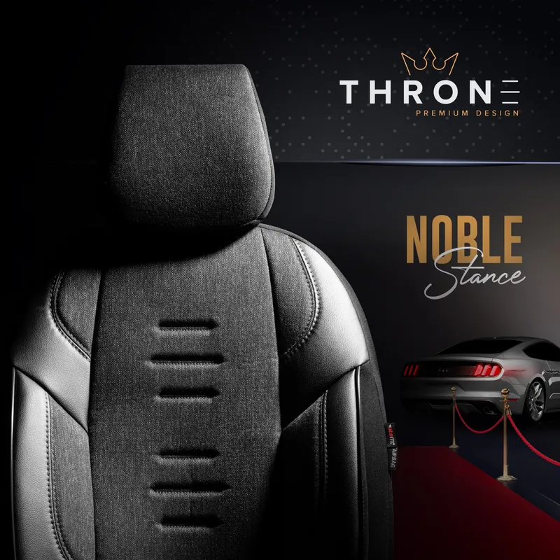 Комплект Луксозна Тапицерия OTOM текстил с еко кожа THRONE Design – Черна със сив шев, за Предни и Задни Седалки - 4