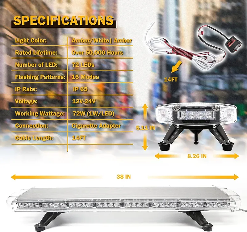 96.5см LED Сигнална лампа 72W, E-Mark E9, 15 Режима, 12V / 24V - Аварийна Лампа, Маяк за Пътна Помощ, Репатрак, Платформа, Снегорин и Багер - 4