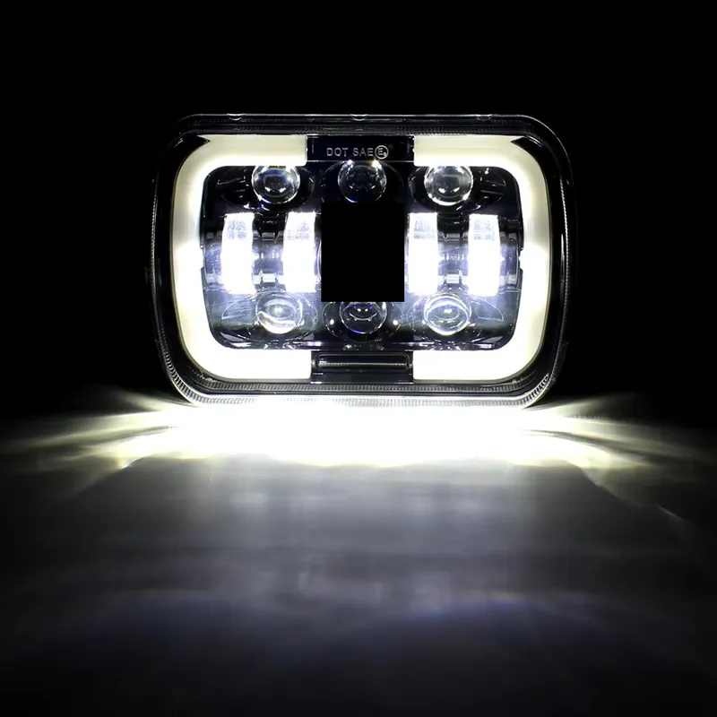 Комплект от 2бр. универсалeн 5x7 инча ЛЕД LED фар лампа халоген 12V-24V къси/дълги с DRL дневни светлини мигач бяло-жълто 9600lm за АТВ джип камион трактор и др. - 4