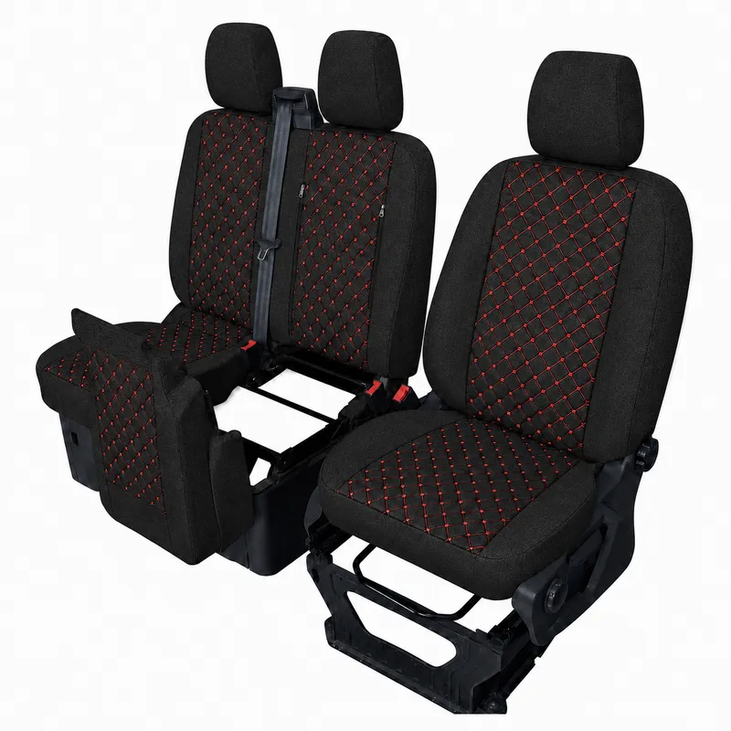 Комплект 2+1 Тапицерия за FORD TRANSIT CUSTOM 2009+ – Текстил, Черна с червен шев, 8 части - 4