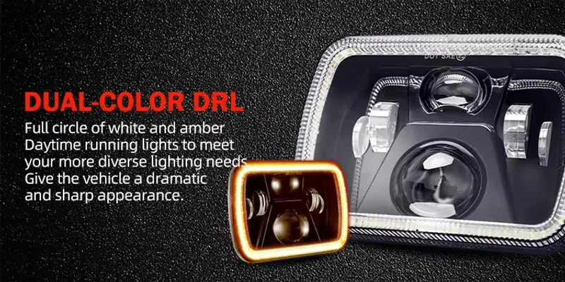 Универсален 60W ЛЕД LED фар лампа халоген 12V-24V къси/дълги с DRL дневни светлини мигач бяло-жълто 20 x 14cm за АТВ джип мотоциклет камион трактор и др. - 5