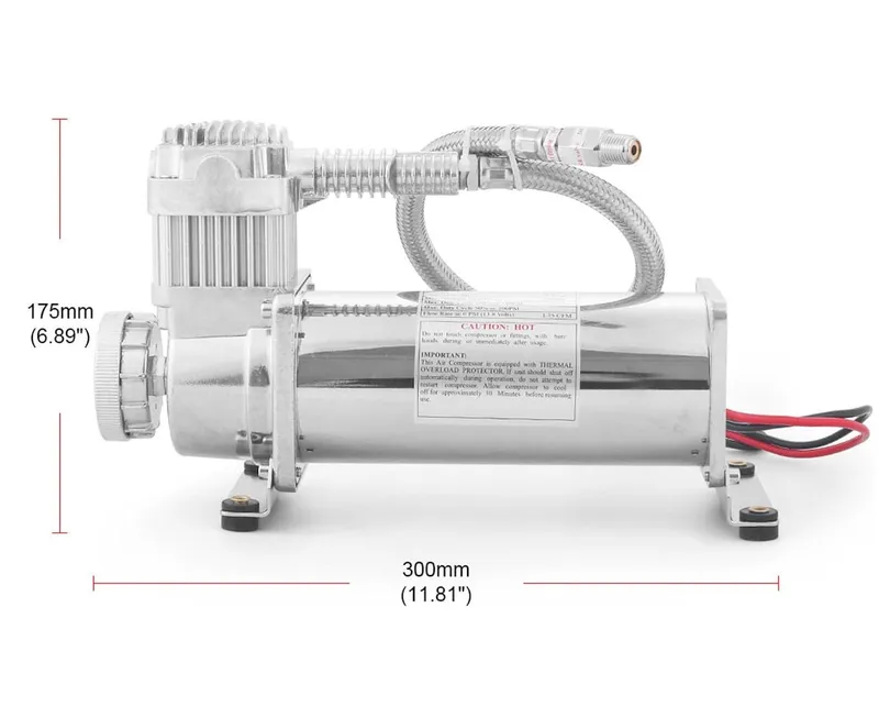 Преносим авто въздушен компресор 12V, 300 PSI, дебит 1.8 CFM, с метален маркуч - за пневматично окачване, офроуд, клаксони и въздушни системи - 5
