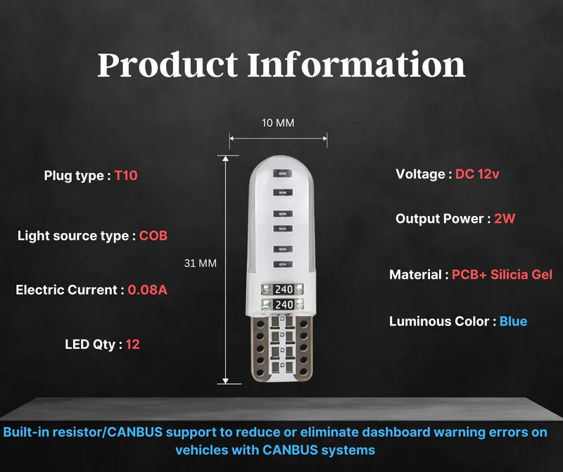 Комплект 2 бр. LED крушки T10 W5W, синя светлина, CANBUS, Silica LED, 12V - блистер - 5