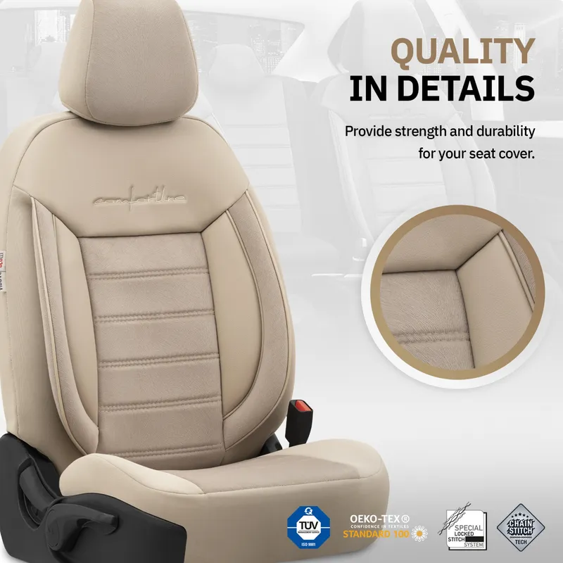 Комплект Луксозна Тапицерия OTOM текстил с еко кожа COMFORT LINE Design – Бежова с бежов шев, за Предни и Задни Седалки - 5