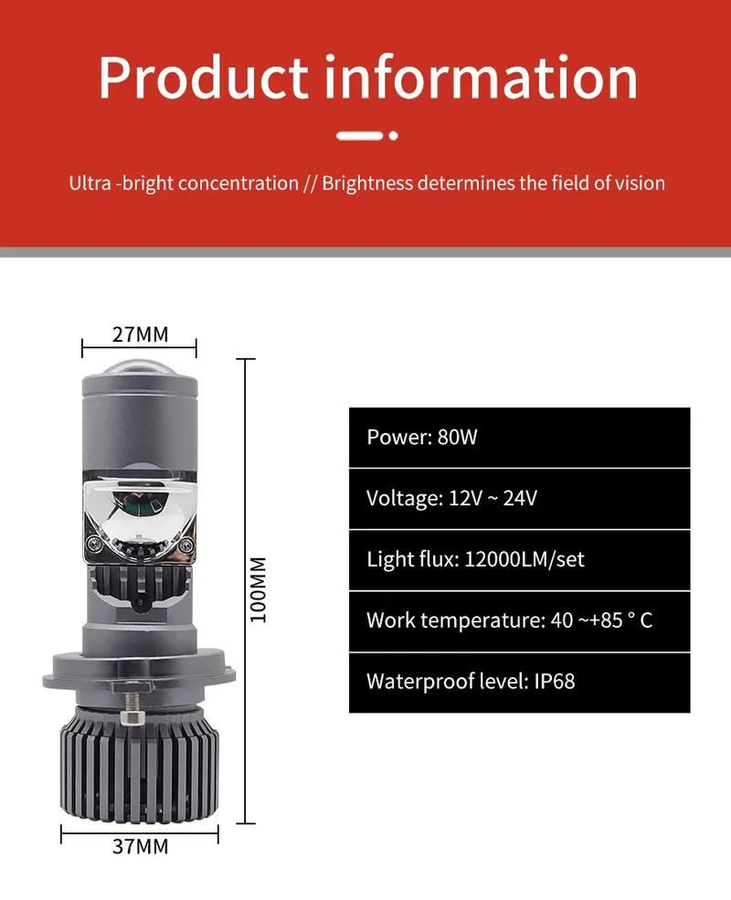 Комплект LED диодни крушки с лупа H4 12V - 24V 80W 12000LM за фарове Canbus без грешки 6000К-6500К къси/дълги - 5