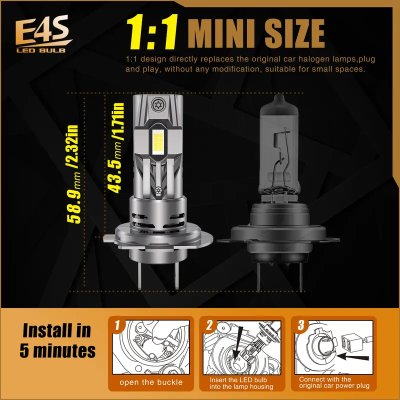 Комплект Умалени Мини LED Крушки E4S H7 H18 12V 50W 15000lm - 5