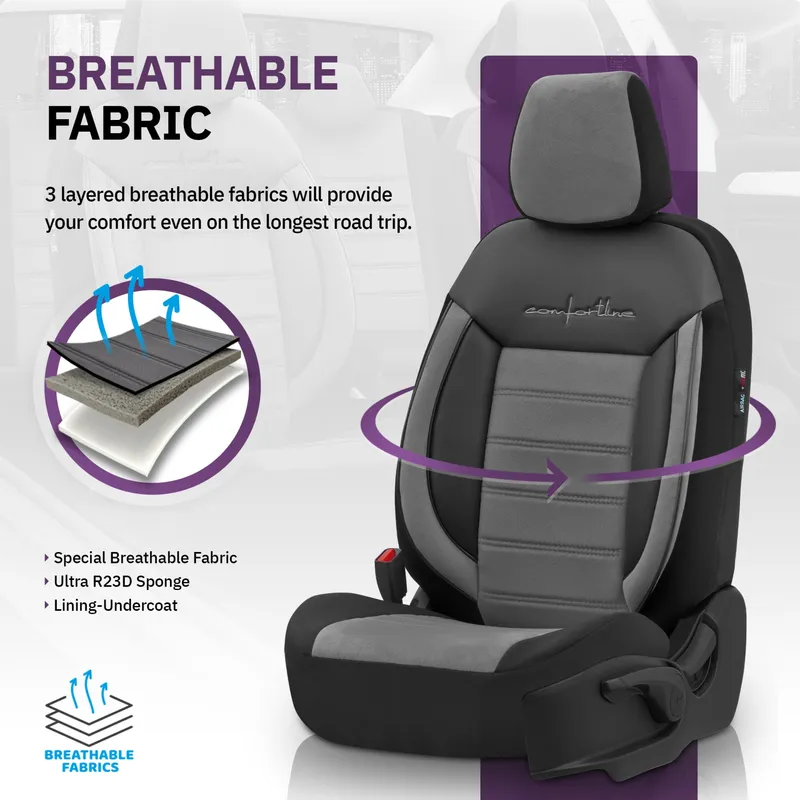 Комплект Луксозна Тапицерия OTOM текстил с еко кожа COMFORT LINE Design – Сиво-Черна със сив шев, за Предни и Задни Седалки - 5