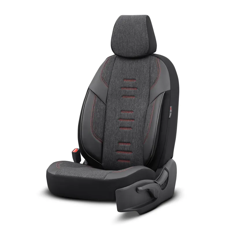 Комплект Луксозна Тапицерия OTOM текстил с еко кожа THRONE Design – Черна с червен шев, за Предни и Задни Седалки - 6
