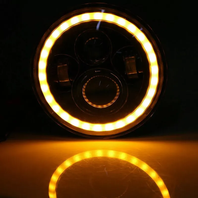 Комплект от 2бр. универсален 7 инча 18см ЛЕД LED фар лампа халоген 12V-24V къси/дълги с DRL дневни светлини мигач бяло-жълто 6500lm за АТВ джип мотоциклет камион трактор и др. - 6