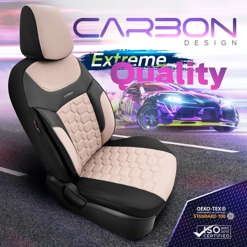 Комплект Луксозна Тапицерия OTOM текстил с еко кожа CARBON Design – Бежово-Черна с бежов шев, за Предни и Задни Седалки - 6