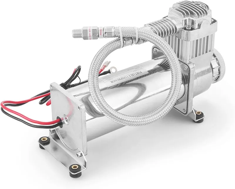 Преносим авто въздушен компресор 12V, 300 PSI, дебит 1.8 CFM, с метален маркуч - за пневматично окачване, офроуд, клаксони и въздушни системи - 6