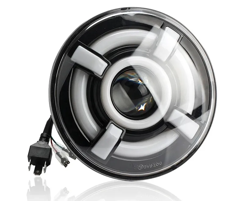 Универсален 7 инча 18см ЛЕД LED фар лампа халоген 12V-24V къси/дълги с DRL дневни светлини мигач бяло-жълто 4800lm за АТВ джип мотоциклет камион трактор и др. - 6